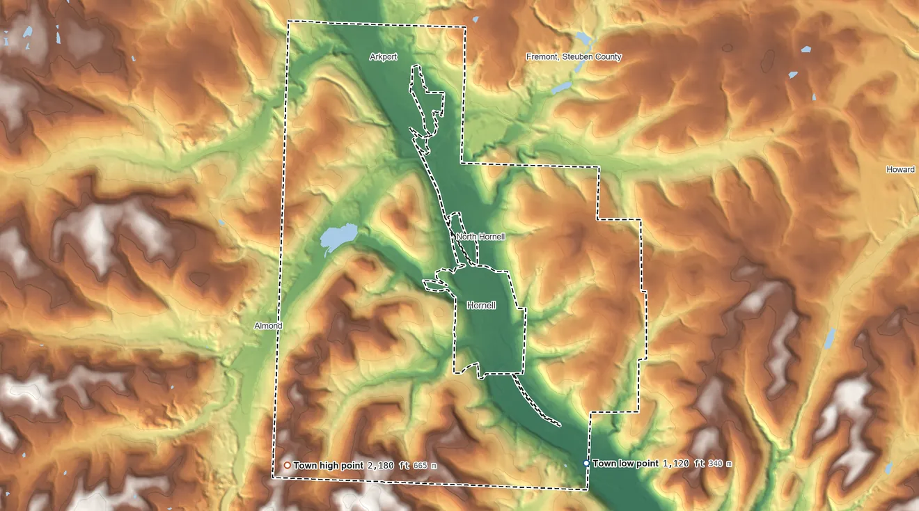 Topographic elevation map of Hornellsville, New York, shaded from 1,120 ft on the southeast side to 2,180 ft on Newcomb Hill