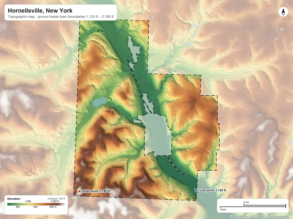 Topographic elevation map of Hornellsville, New York, shaded from 1,120 ft on the southeast side to 2,180 ft on Newcomb Hill