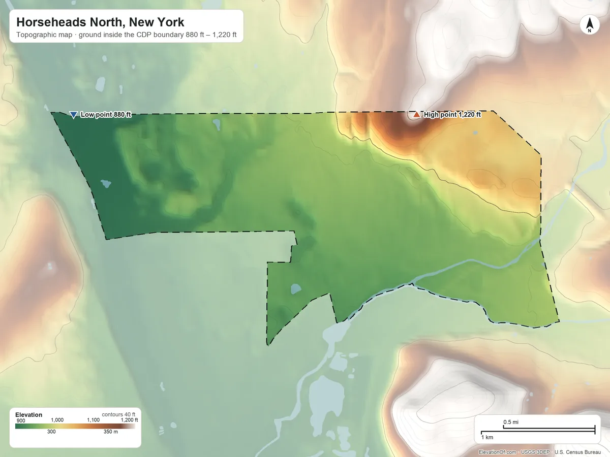 Topographic elevation map of Horseheads North, New York, shaded from 880 ft on the west side to 1,220 ft on the northeast side