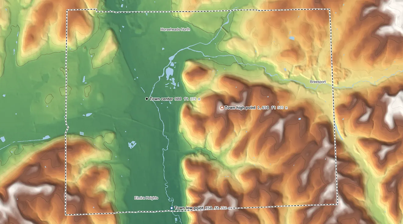 Topographic elevation map of Horseheads, New York, shaded from 850 ft on the south side to 1,650 ft on the east side