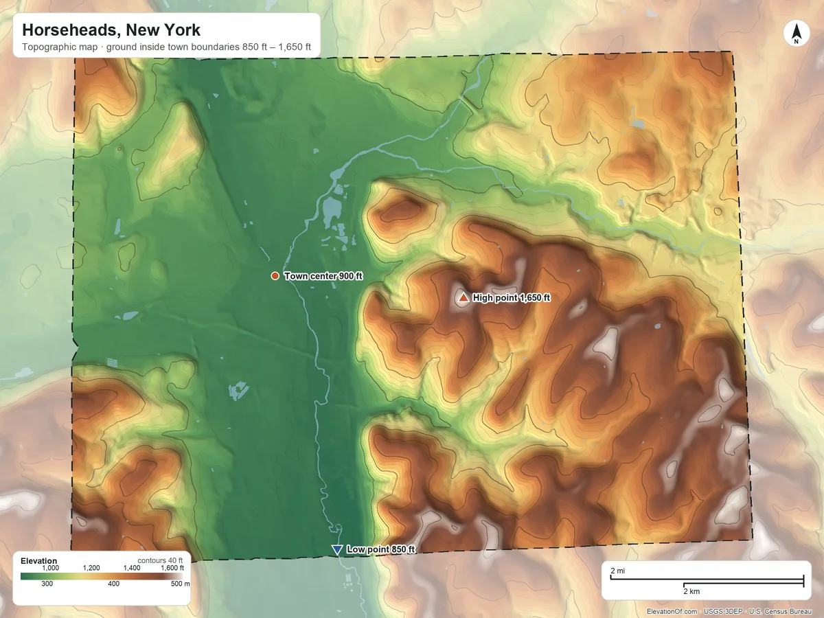 Topographic elevation map of Horseheads, New York, shaded from 850 ft on the south side to 1,650 ft on the east side