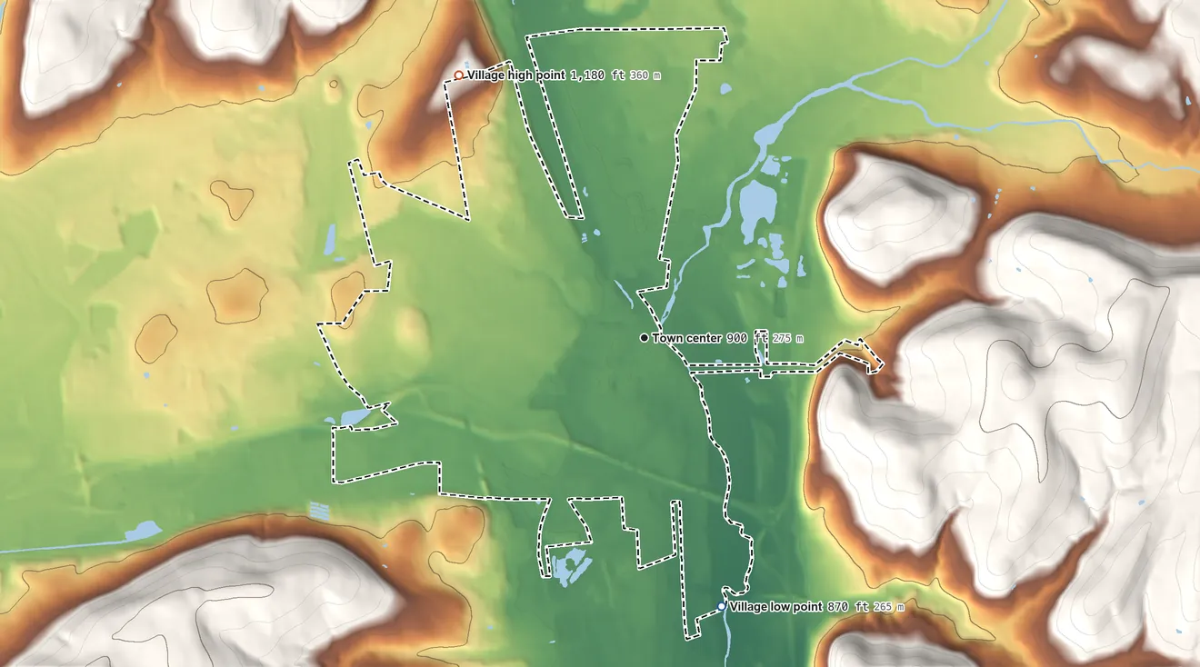 Topographic elevation map of Village of Horseheads, New York, shaded from 870 ft on the south side to 1,180 ft on the northwest side