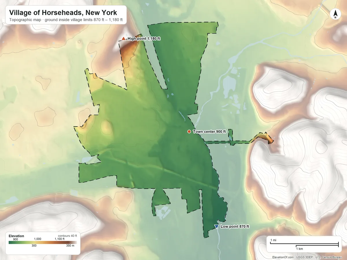 Topographic elevation map of Village of Horseheads, New York, shaded from 870 ft on the south side to 1,180 ft on the northwest side
