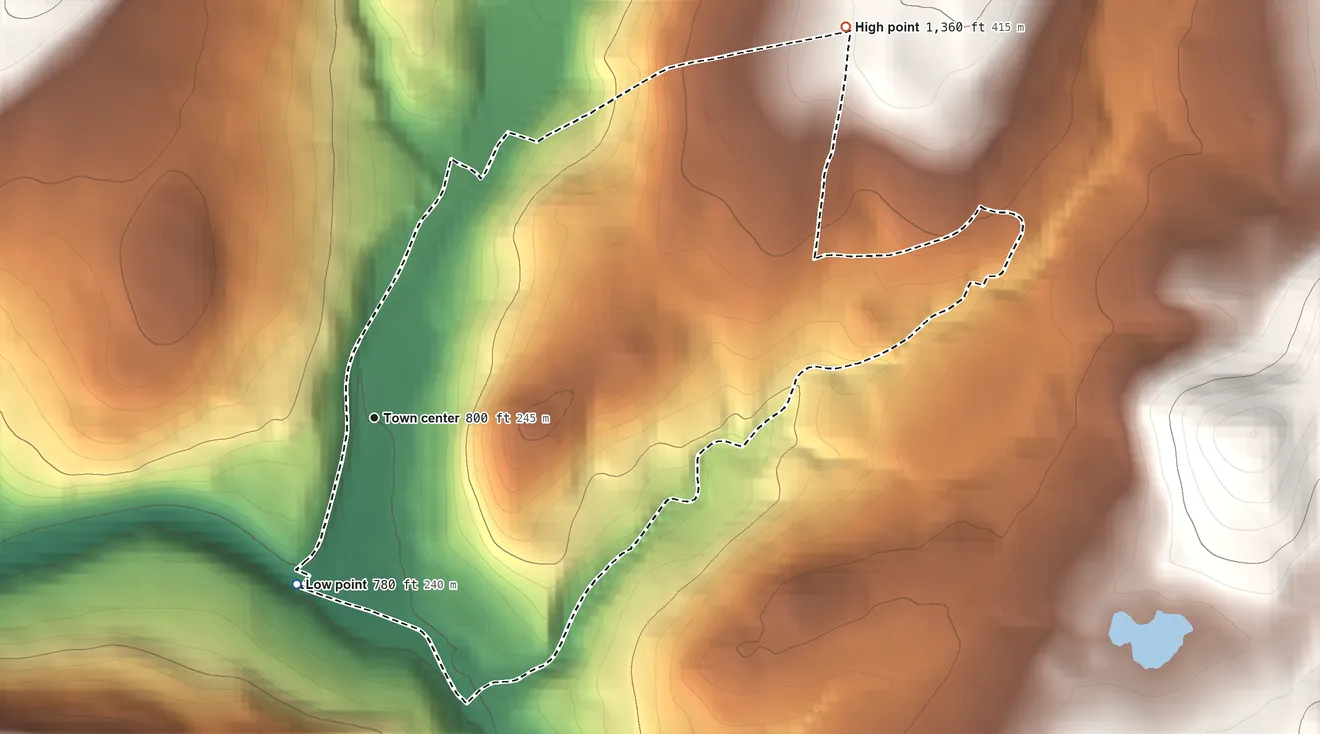 Topographic elevation map of Hortonville, New York, shaded from 780 ft on the southwest side to 1,360 ft on the northeast side