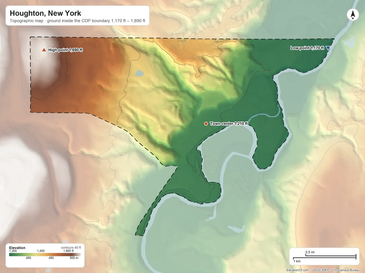 Topographic elevation map of Houghton, New York, shaded from 1,170 ft on the northeast side to 1,690 ft on the northwest side