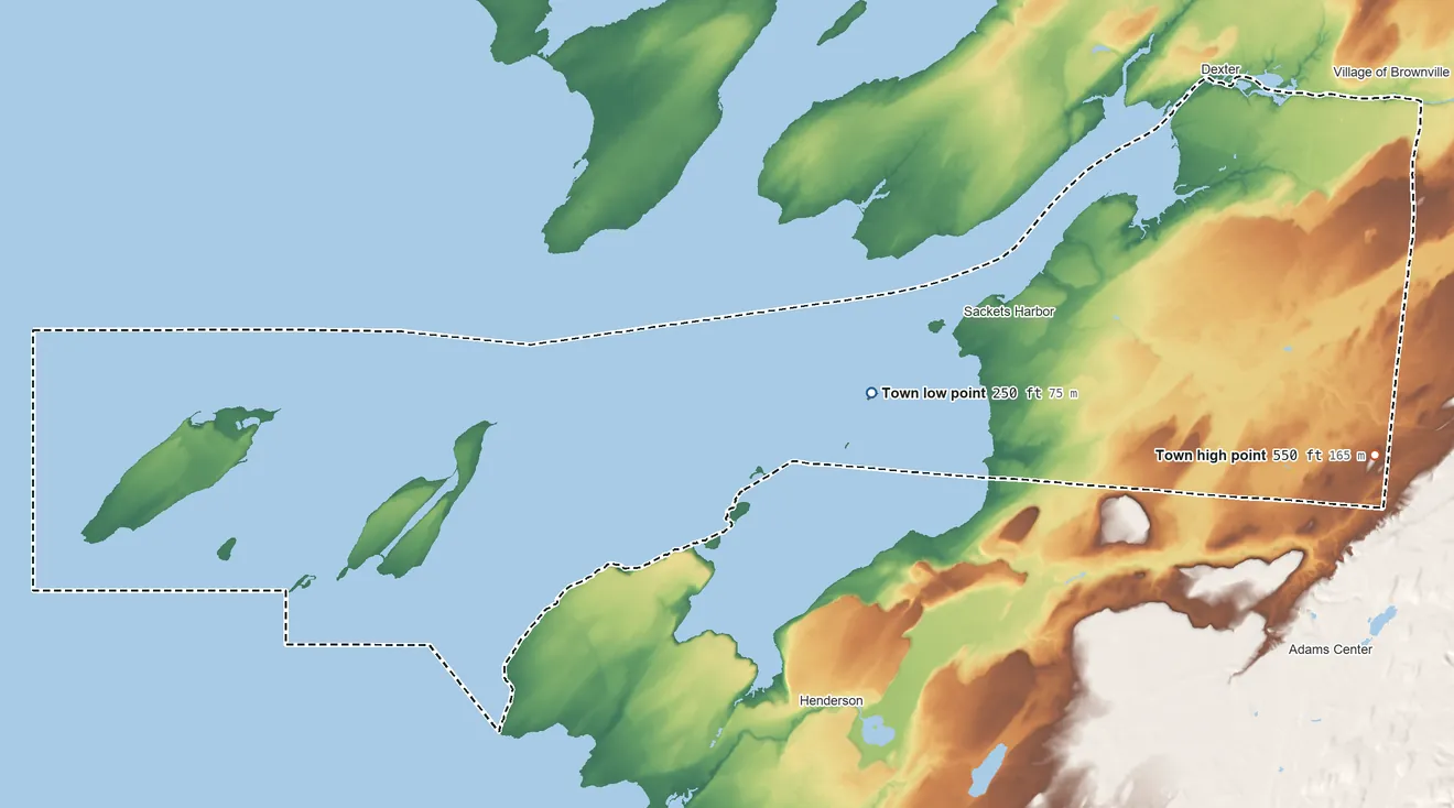 Topographic elevation map of Hounsfield, New York, shaded from 250 ft on the west side to 550 ft on the southeast side