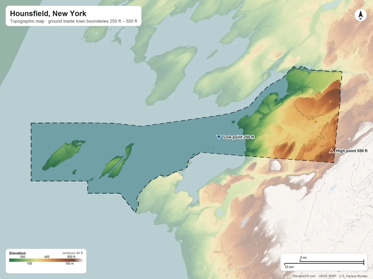 Topographic elevation map of Hounsfield, New York, shaded from 250 ft on the west side to 550 ft on the southeast side