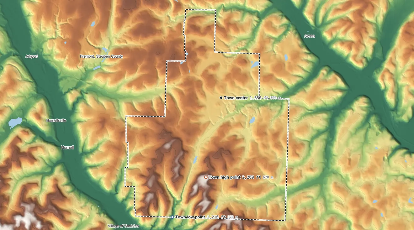 Topographic elevation map of Howard, New York, shaded from 1,210 ft on the south side to 2,200 ft on the south side