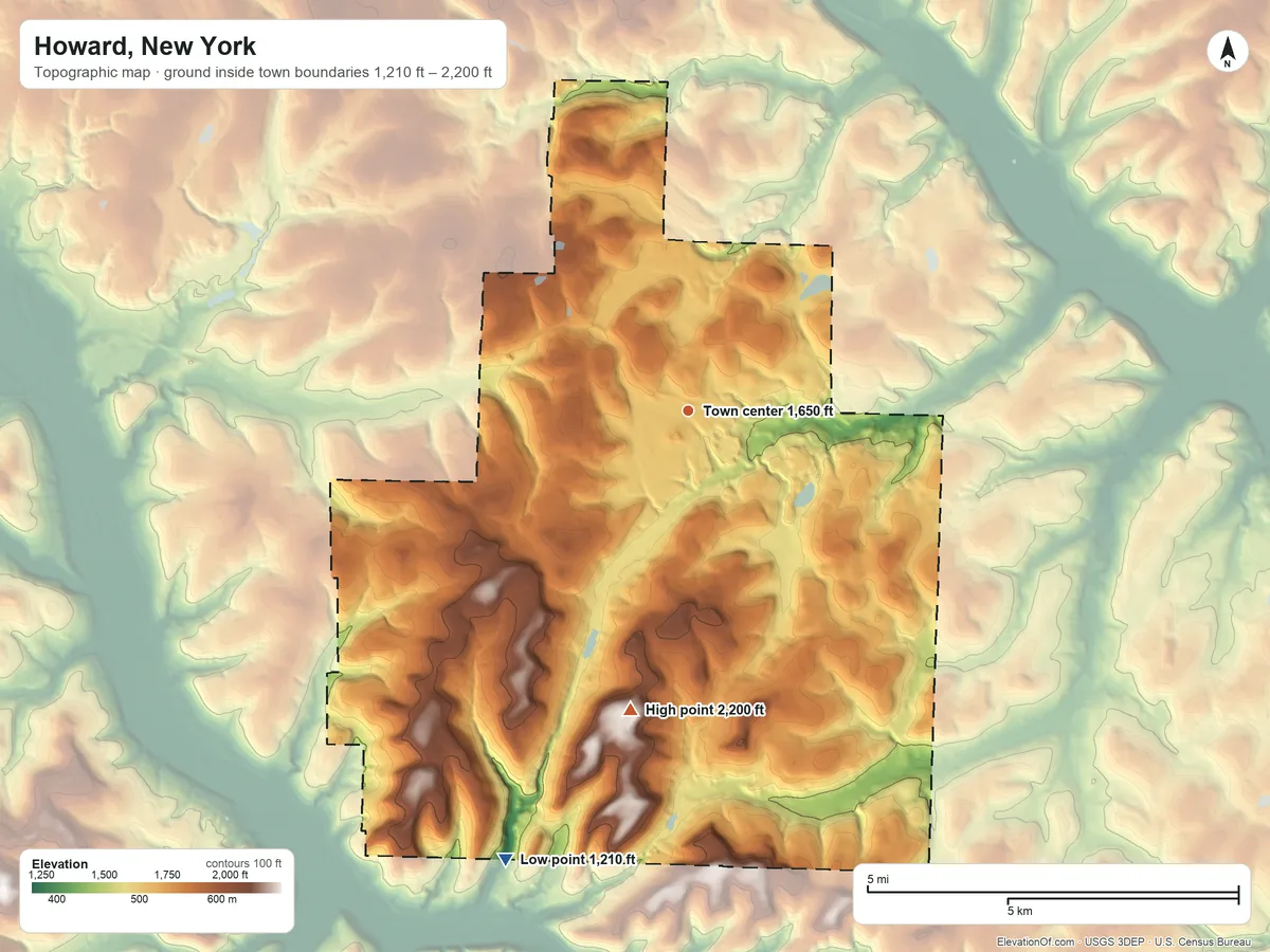Topographic elevation map of Howard, New York, shaded from 1,210 ft on the south side to 2,200 ft on the south side