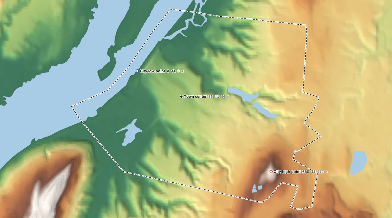 Topographic elevation map of Hudson, New York, shaded from 0 ft on the northwest side to 360 ft on the southeast side