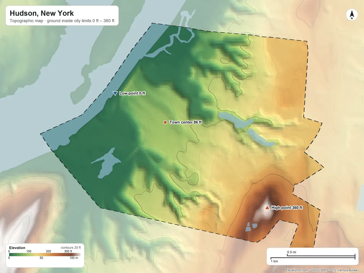 Topographic elevation map of Hudson, New York, shaded from 0 ft on the northwest side to 360 ft on the southeast side