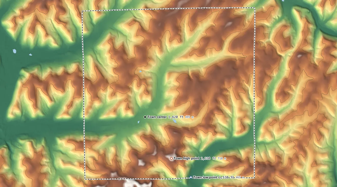 Topographic elevation map of Humphrey, New York, shaded from 1,530 ft on the southeast side to 2,330 ft on Chapell Hill