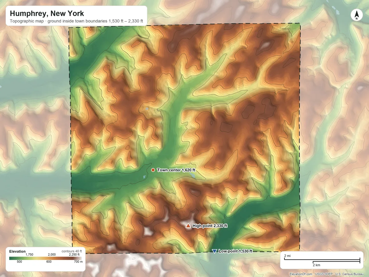 Topographic elevation map of Humphrey, New York, shaded from 1,530 ft on the southeast side to 2,330 ft on Chapell Hill