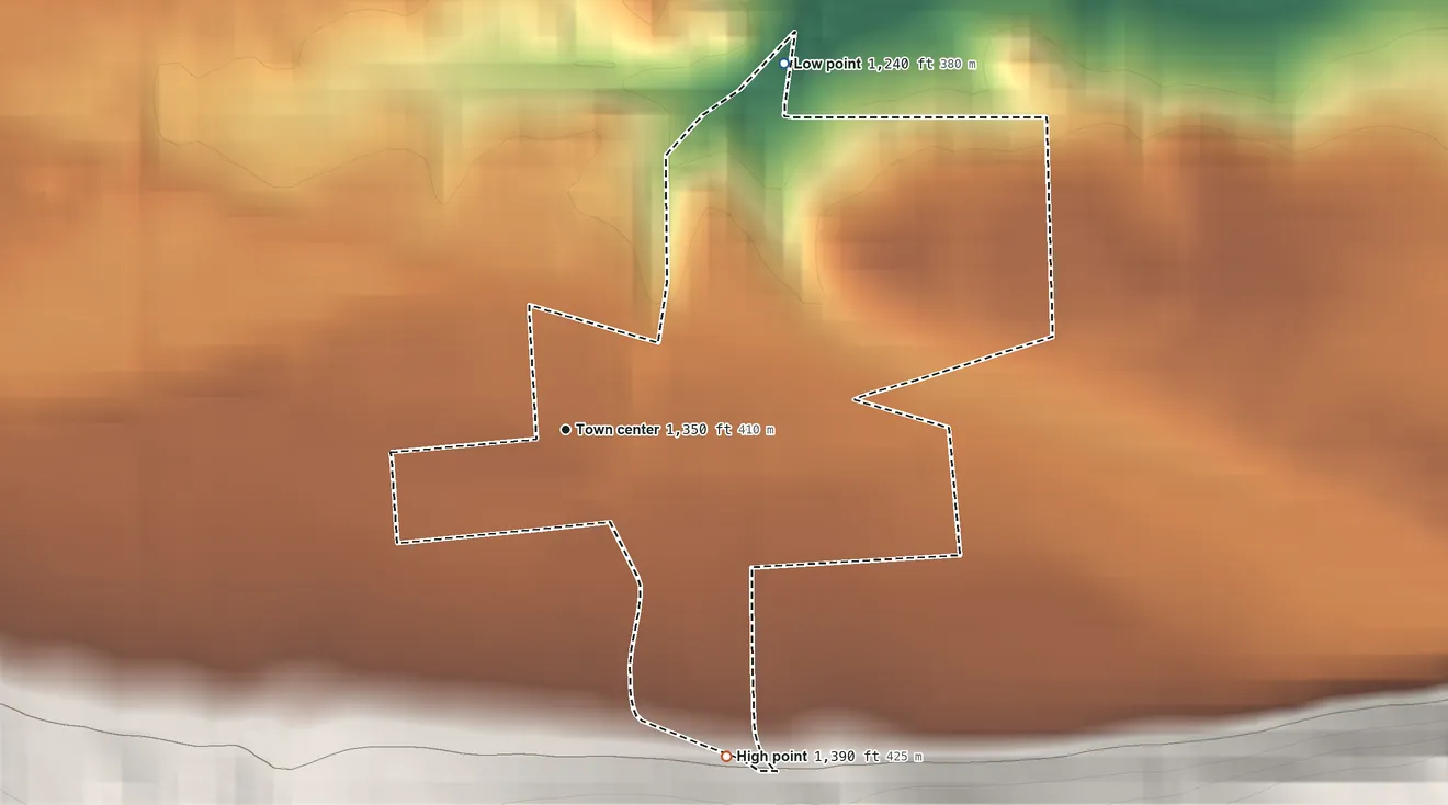 Topographic elevation map of Hunt, New York, shaded from 1,240 ft on the northeast side to 1,390 ft on the southeast edge, below higher ground just outside