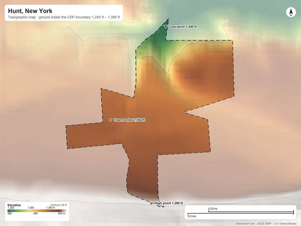 Topographic elevation map of Hunt, New York, shaded from 1,240 ft on the northeast side to 1,390 ft on the southeast edge, below higher ground just outside