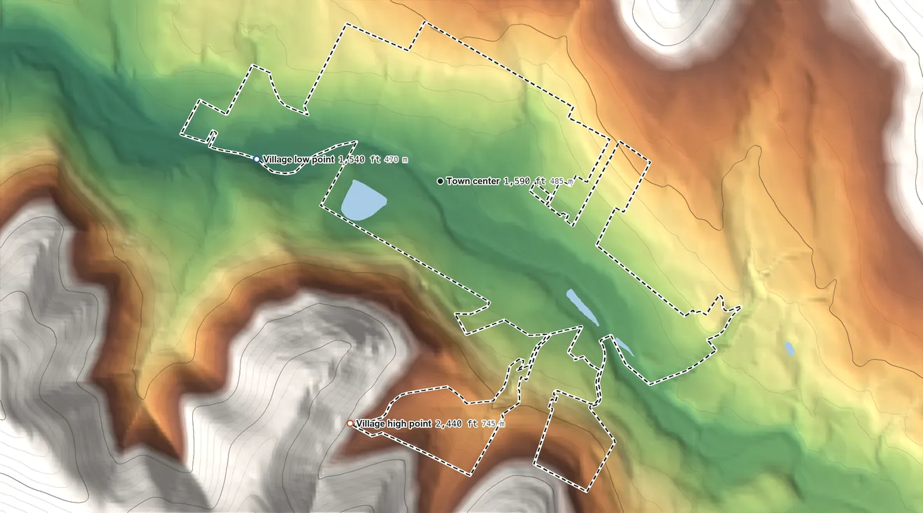 Topographic elevation map of Village of Hunter, New York, shaded from 1,540 ft on the west side to 2,440 ft at the foot of the Catskill Mountains