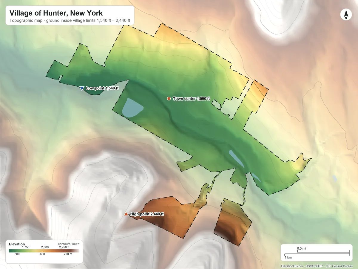 Topographic elevation map of Village of Hunter, New York, shaded from 1,540 ft on the west side to 2,440 ft at the foot of the Catskill Mountains