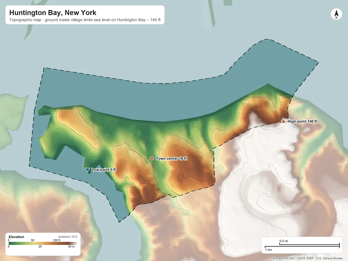 Topographic elevation map of Huntington Bay, New York, shaded from sea level level on Huntington Bay to 140 ft on the east side