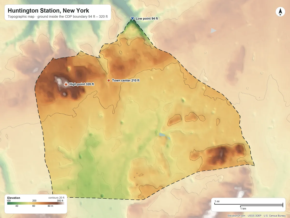 Topographic elevation map of Huntington Station, New York, shaded from 94 ft on the north side to 320 ft on the west side