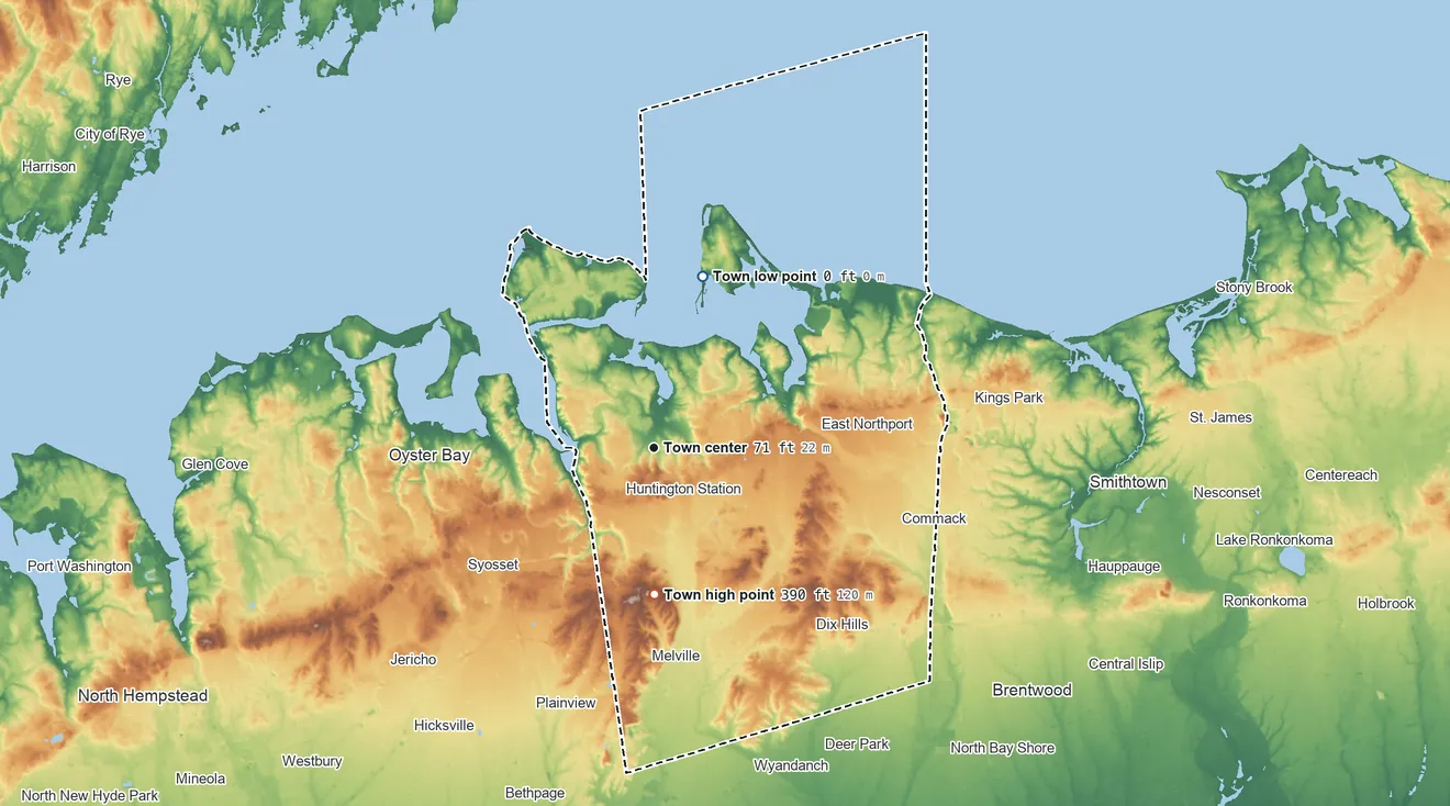 Topographic elevation map of Huntington, New York, shaded from sea level level on Huntington Bay to 390 ft on High Hill
