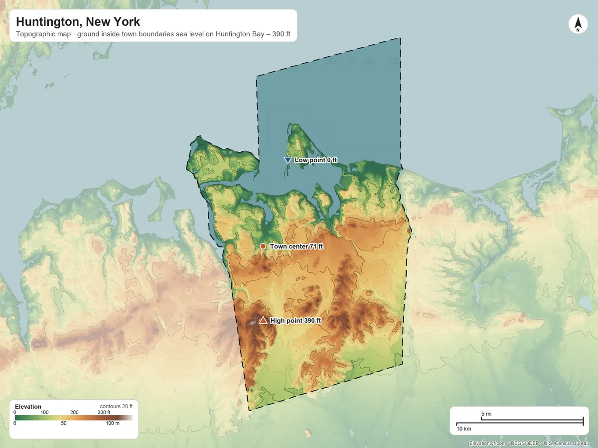 Topographic elevation map of Huntington, New York, shaded from sea level level on Huntington Bay to 390 ft on High Hill