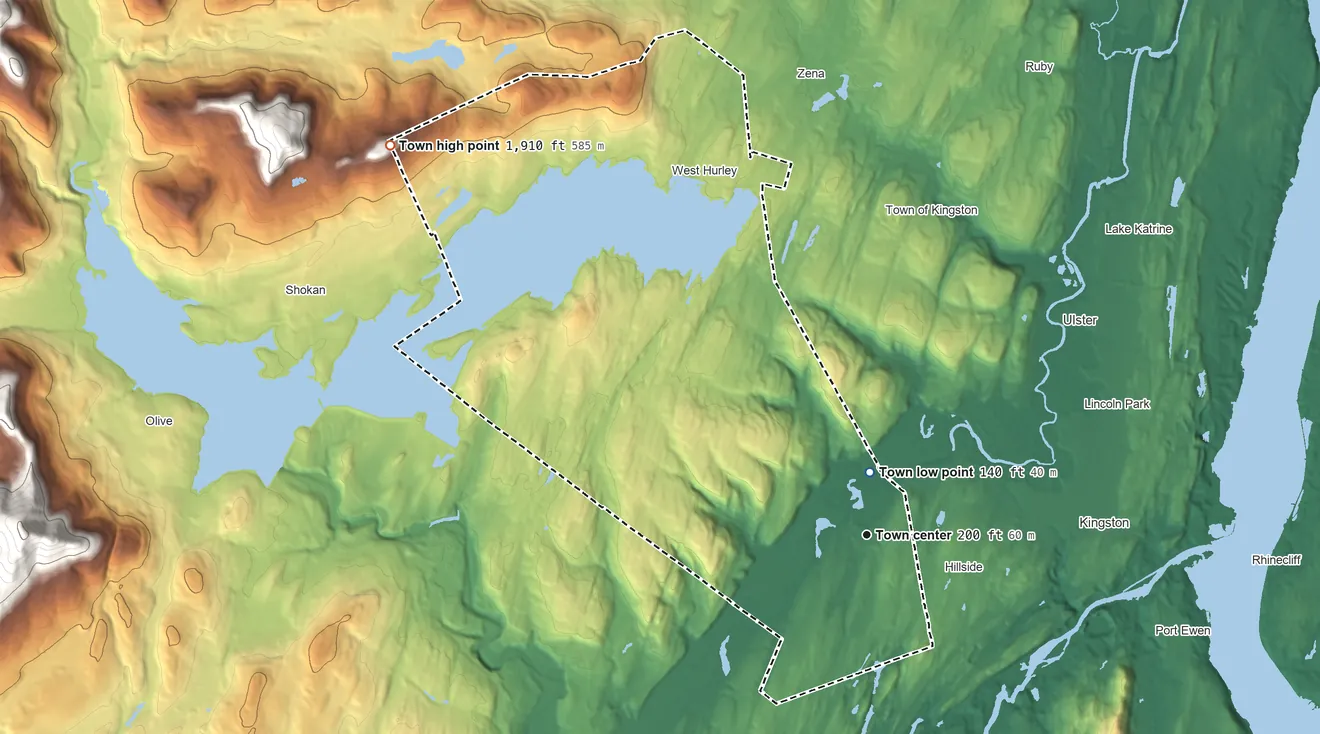 Topographic elevation map of Hurley, New York, shaded from 140 ft near the middle to 1,910 ft at the foot of the Burroughs Range