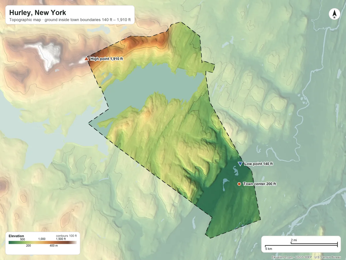 Topographic elevation map of Hurley, New York, shaded from 140 ft near the middle to 1,910 ft at the foot of the Burroughs Range