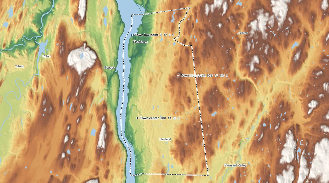 Topographic elevation map of Hyde Park, New York, shaded from 0 ft on the north side to 610 ft on Lloyd Hill