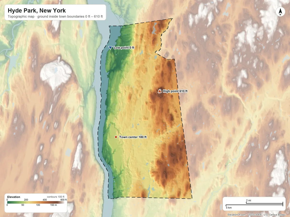Topographic elevation map of Hyde Park, New York, shaded from 0 ft on the north side to 610 ft on Lloyd Hill