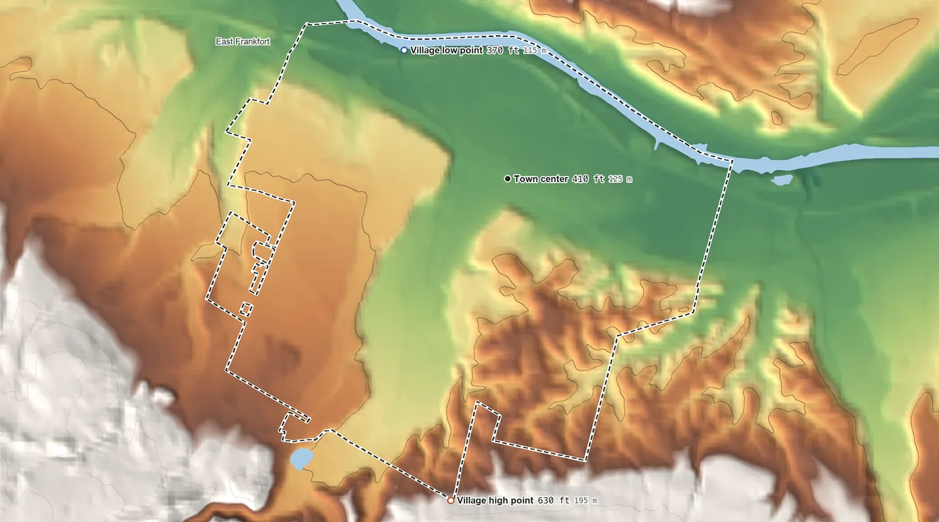 Topographic elevation map of Ilion, New York, shaded from 370 ft on the northwest side to 630 ft on the south edge, below higher ground just outside