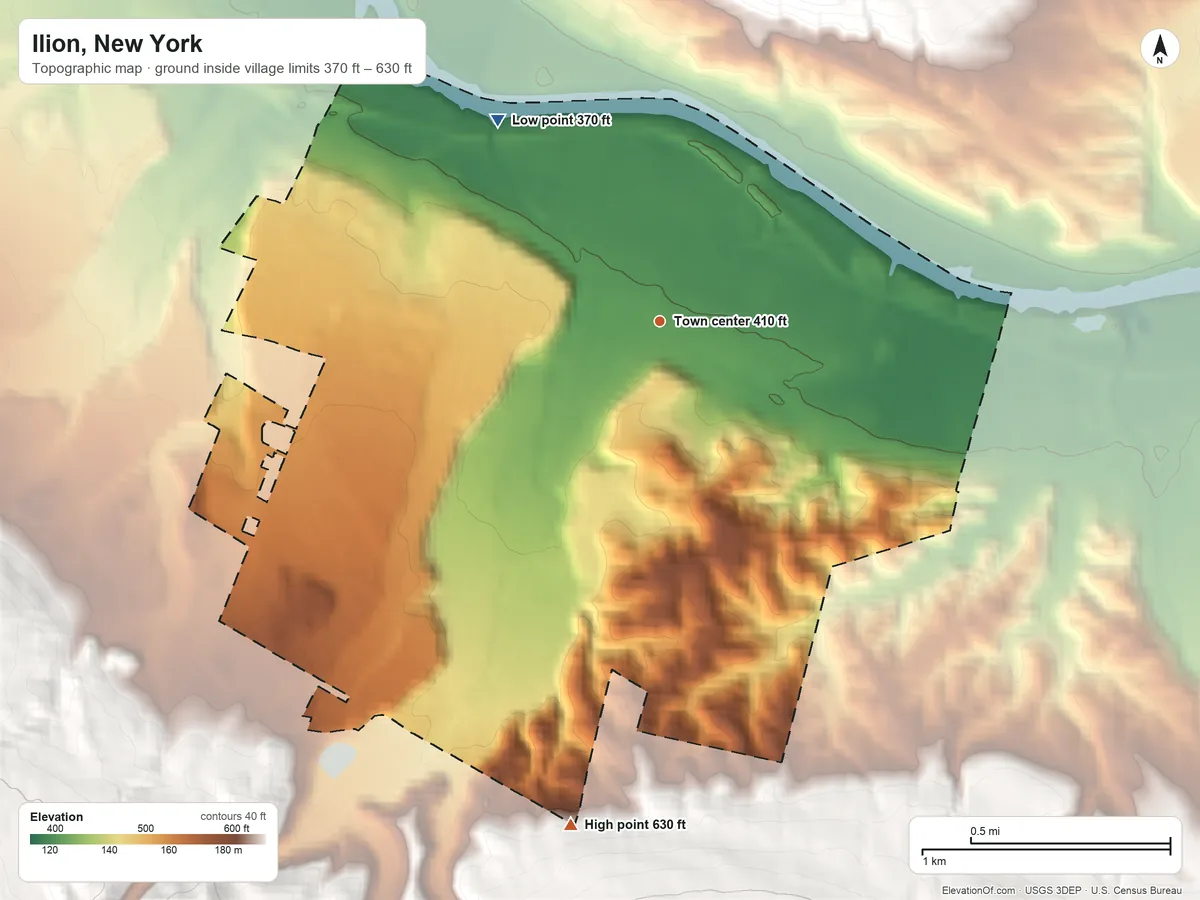 Topographic elevation map of Ilion, New York, shaded from 370 ft on the northwest side to 630 ft on the south edge, below higher ground just outside