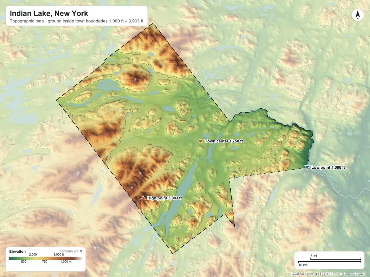 Topographic elevation map of Indian Lake, New York, shaded from 1,080 ft on the east side to 3,903 ft on Snowy Mountain