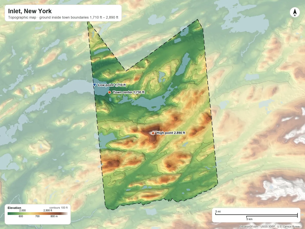 Topographic elevation map of Inlet, New York, shaded from 1,710 ft near the middle to 2,890 ft on Seventh Lake Mountain