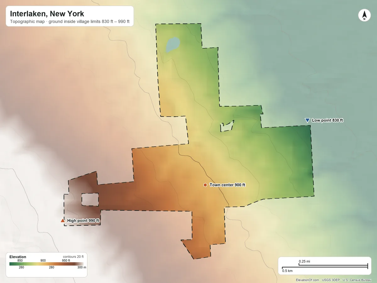 Topographic elevation map of Interlaken, New York, shaded from 830 ft on the northeast side to 990 ft on the west side