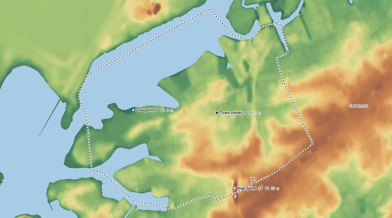 Topographic elevation map of Inwood, New York, shaded from sea level level on Jamaica Bay to 38 ft on the south side