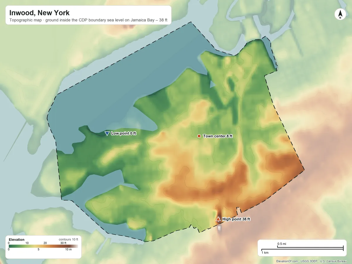 Topographic elevation map of Inwood, New York, shaded from sea level level on Jamaica Bay to 38 ft on the south side