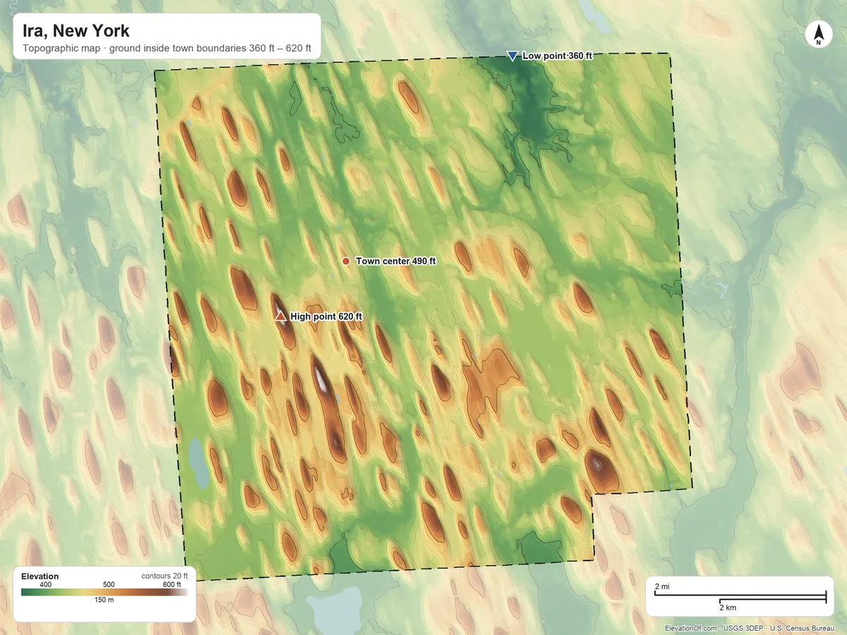 Topographic elevation map of Ira, New York, shaded from 360 ft on the northeast side to 620 ft on the southwest side