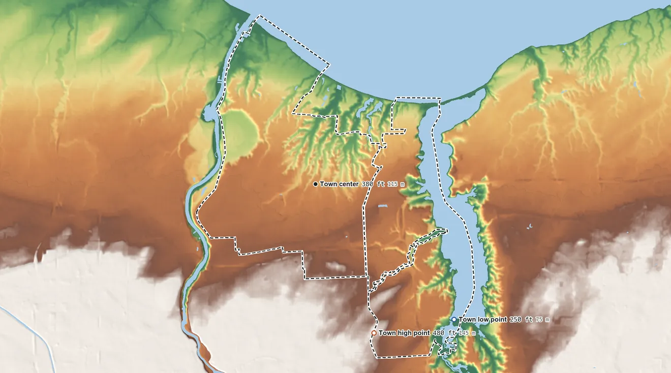 Topographic elevation map of Irondequoit, New York, shaded from 250 ft on the southeast side to 480 ft on the south side