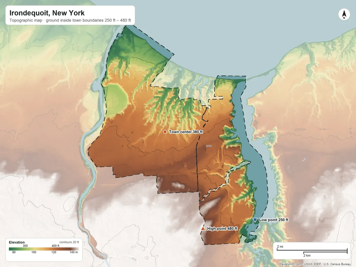 Topographic elevation map of Irondequoit, New York, shaded from 250 ft on the southeast side to 480 ft on the south side