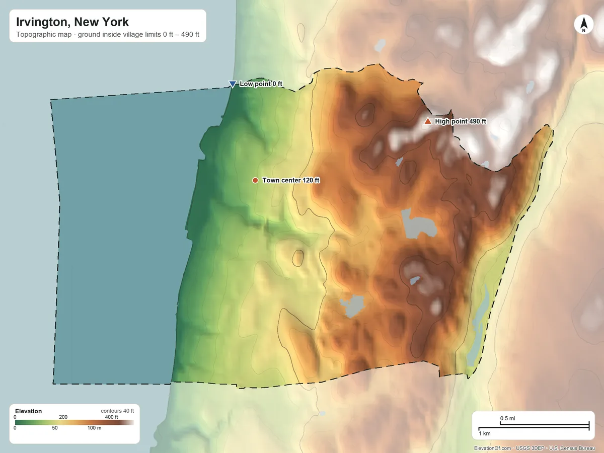 Topographic elevation map of Irvington, New York, shaded from 0 ft on the north side to 490 ft on the east side