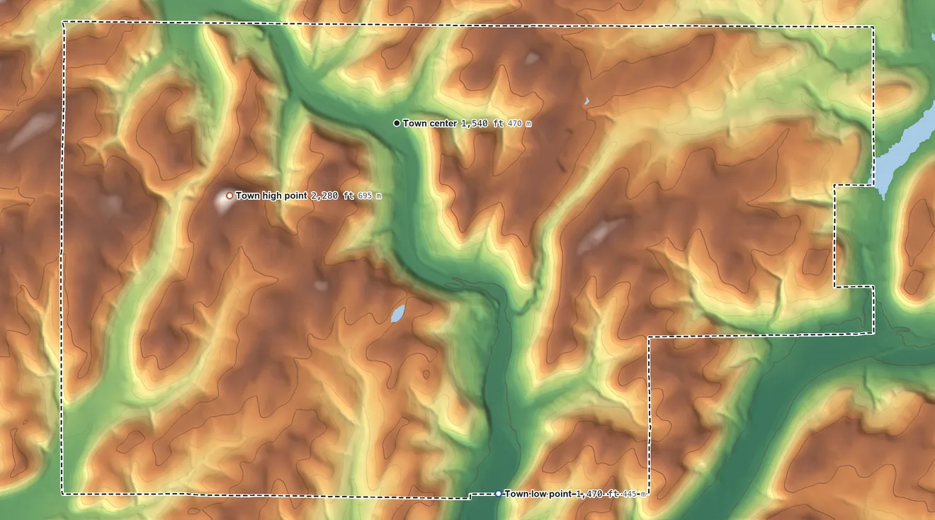 Topographic elevation map of Ischua, New York, shaded from 1,470 ft on the south side to 2,280 ft on the southwest side