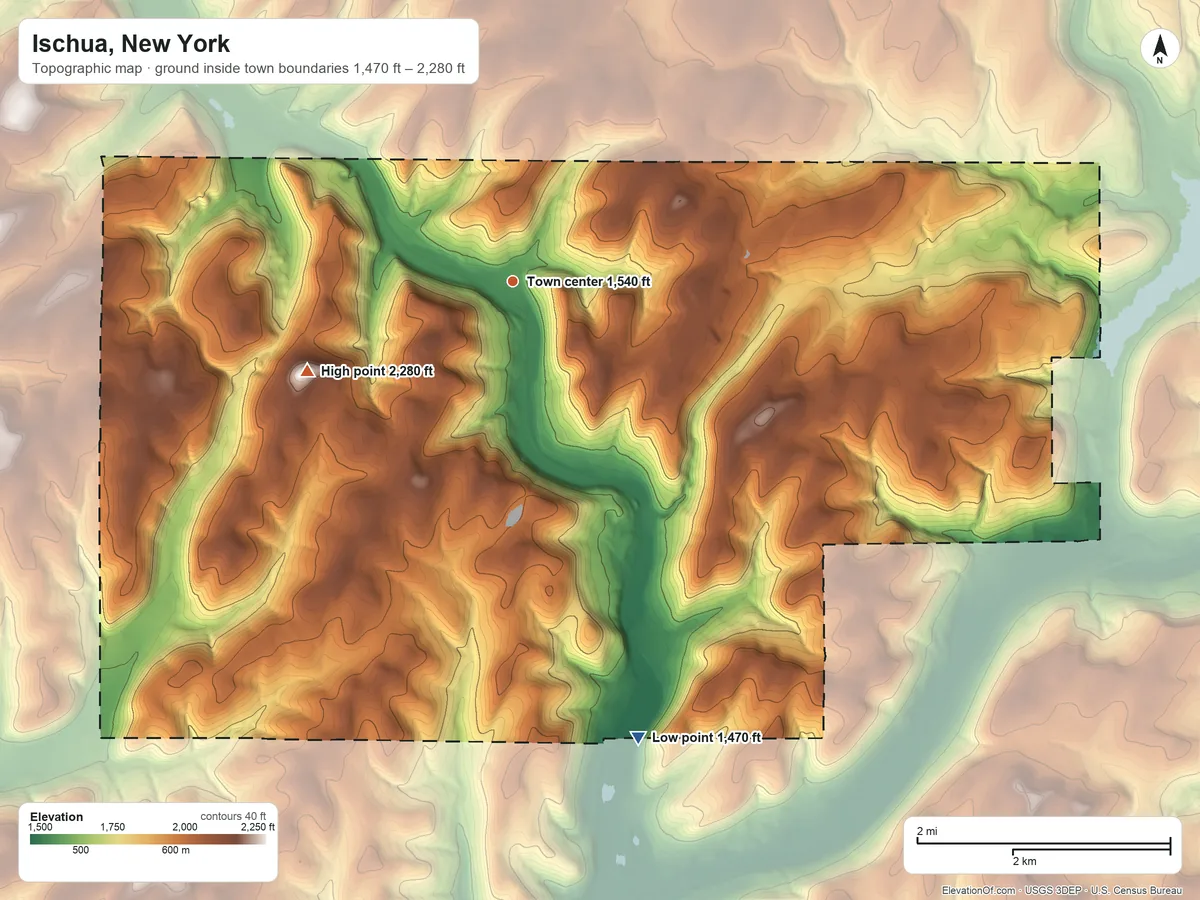 Topographic elevation map of Ischua, New York, shaded from 1,470 ft on the south side to 2,280 ft on the southwest side