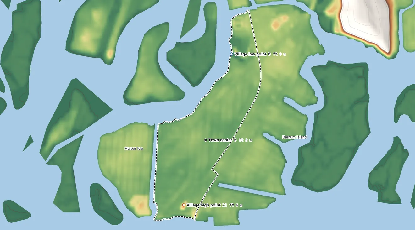 Topographic elevation map of Island Park, New York, shaded from 0 ft on the north side to 21 ft on the south side