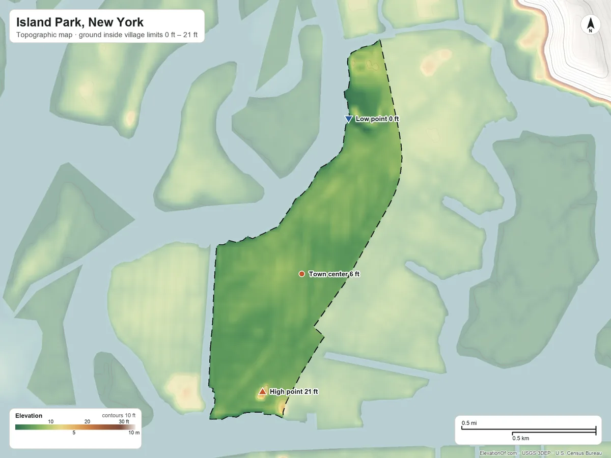 Topographic elevation map of Island Park, New York, shaded from 0 ft on the north side to 21 ft on the south side