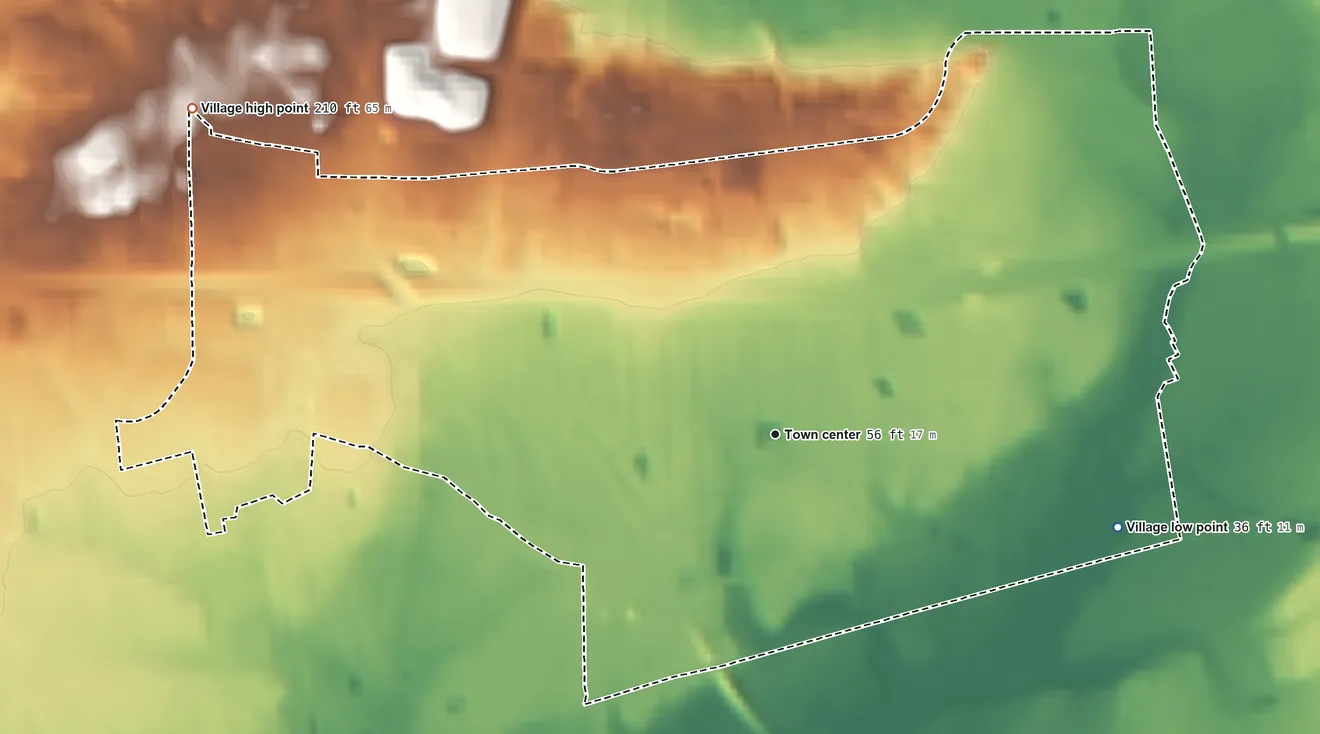 Topographic elevation map of Islandia, New York, shaded from 36 ft on the east side to 210 ft on the northwest side