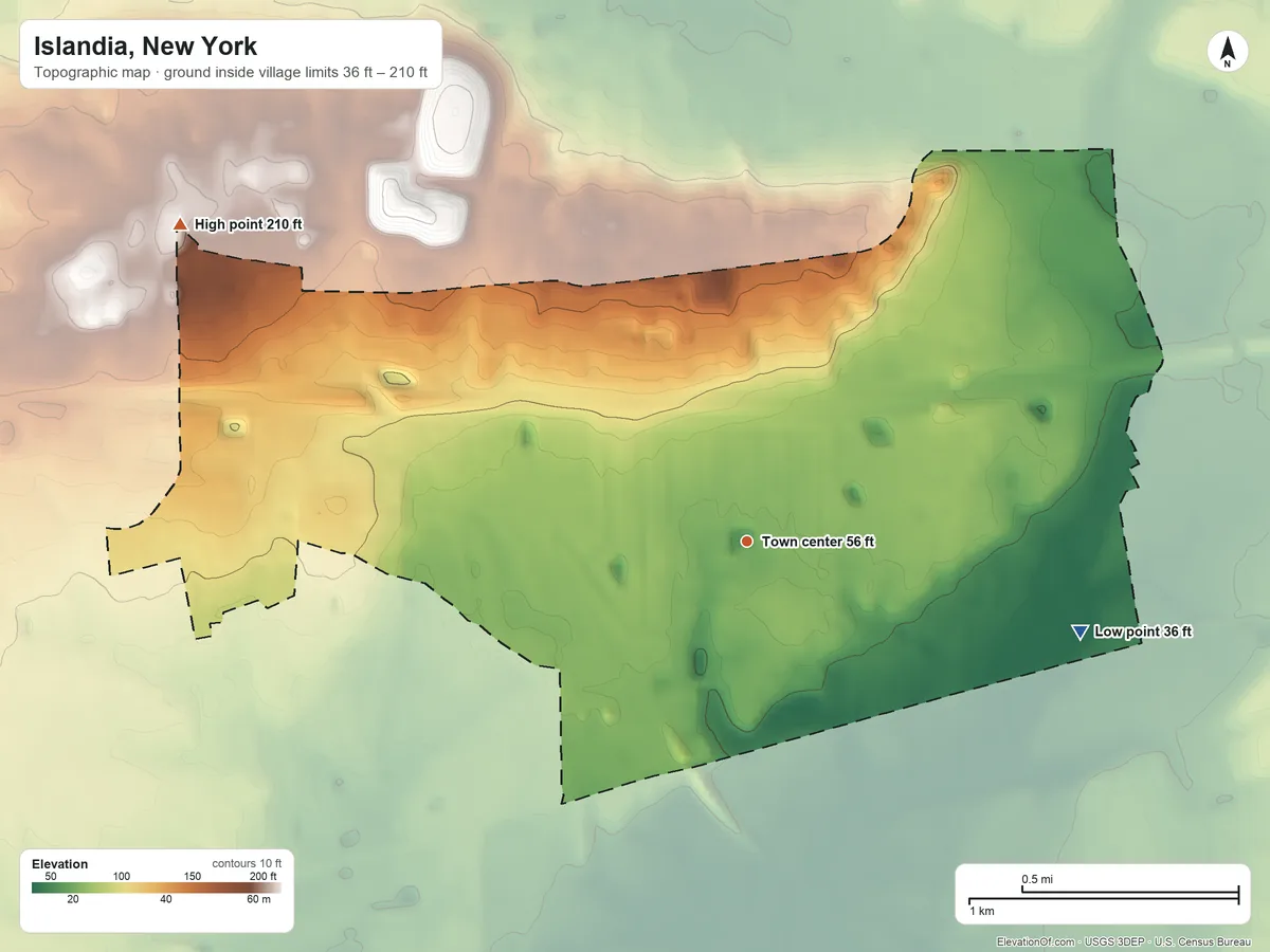 Topographic elevation map of Islandia, New York, shaded from 36 ft on the east side to 210 ft on the northwest side