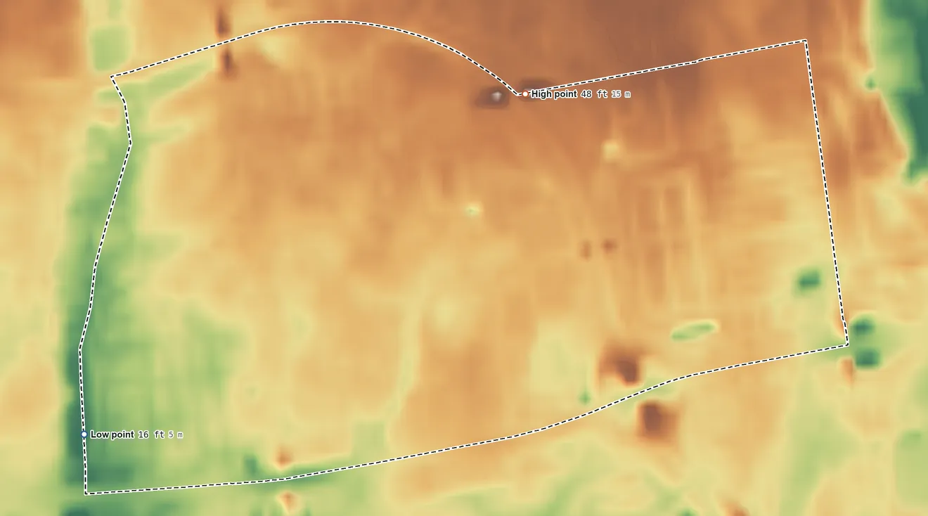 Topographic elevation map of Islip Terrace, New York, shaded from 16 ft on the southwest side to 48 ft on the northeast side