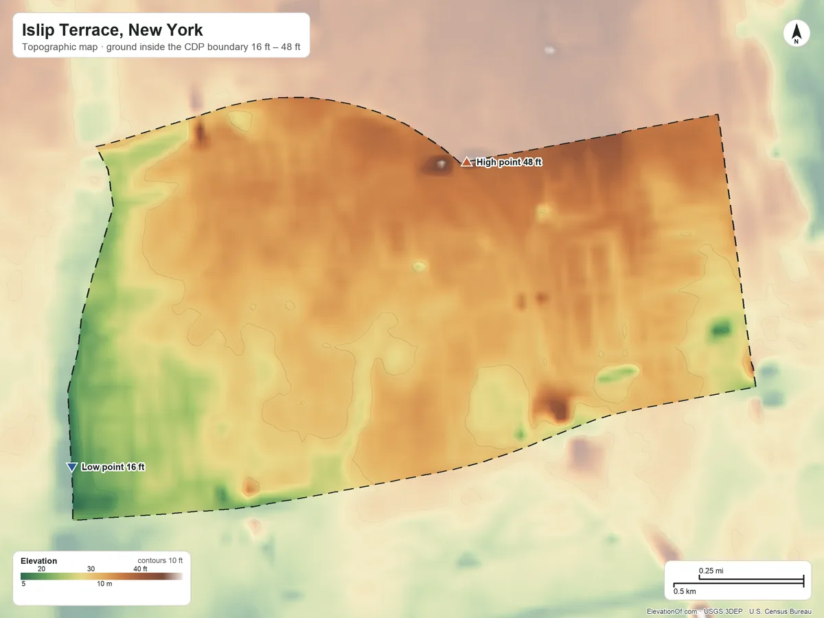 Topographic elevation map of Islip Terrace, New York, shaded from 16 ft on the southwest side to 48 ft on the northeast side