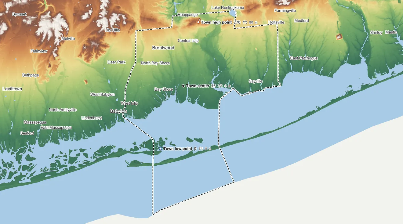 Topographic elevation map of Islip, New York, shaded from sea level level on Great South Bay to 270 ft on the north side