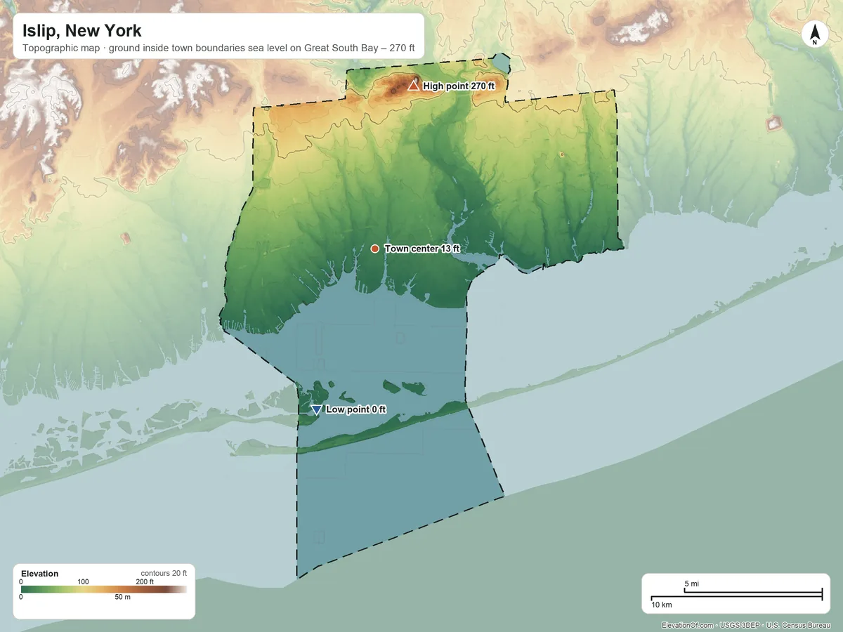 Topographic elevation map of Islip, New York, shaded from sea level level on Great South Bay to 270 ft on the north side